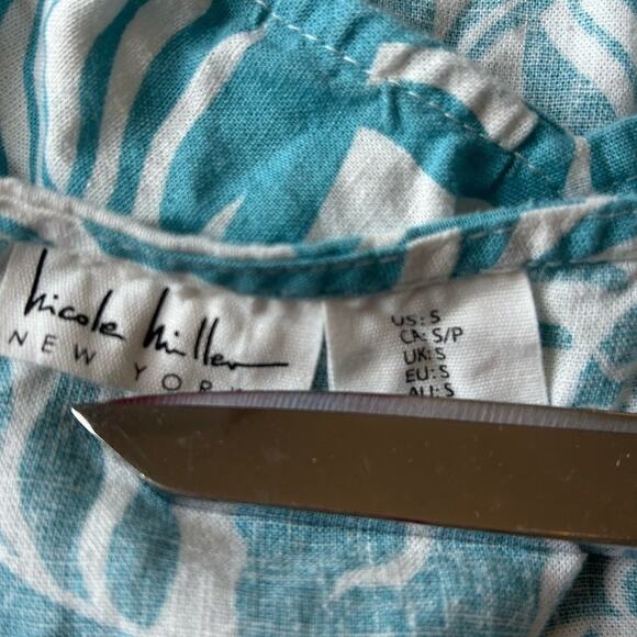 Linen Dress moon stars sea shells beach boho teal green Tropical Pockets retro s - Picture 7 of 13